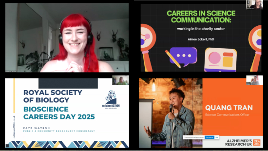 Screenshots of online Bioscience Careers Day session with different slides and speakers