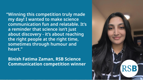 Headshot of winner side by side with quote on teal background