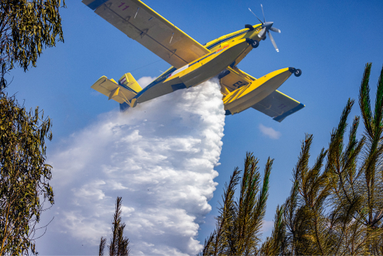 Plane flying over vegetation releasing water to douse forest fire