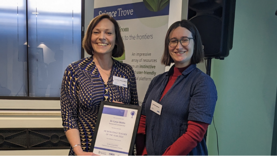 HEBTOY 2024 winner Dr Carys Watts receiving her award with OUP judge