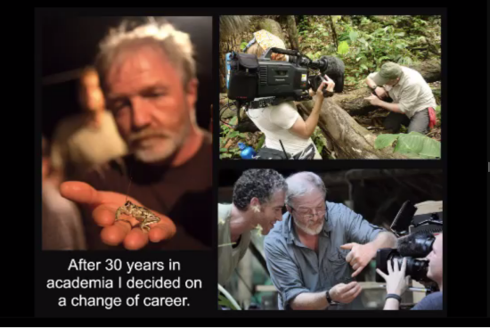 Screenshots of George McGavin's online talk featuring pictures of him with colleagues and film crew studying wildlife 